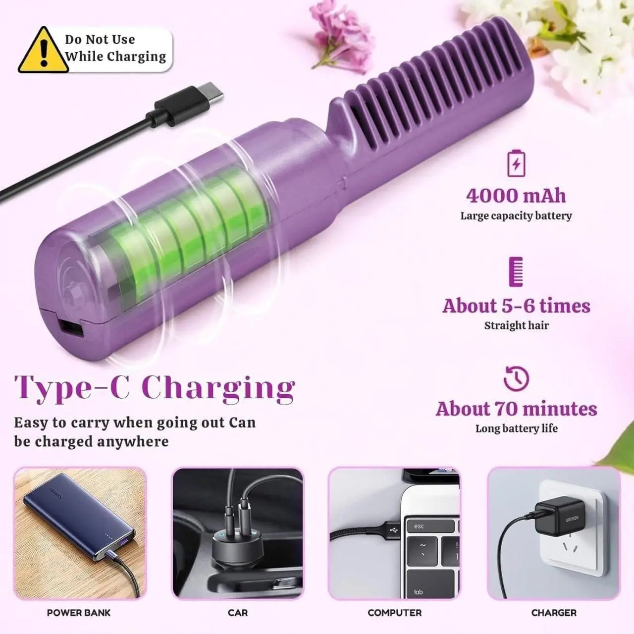 cordless rechargeable mini hair straightener comb