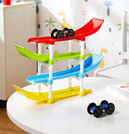 toy cars racing on multi level car ramp set